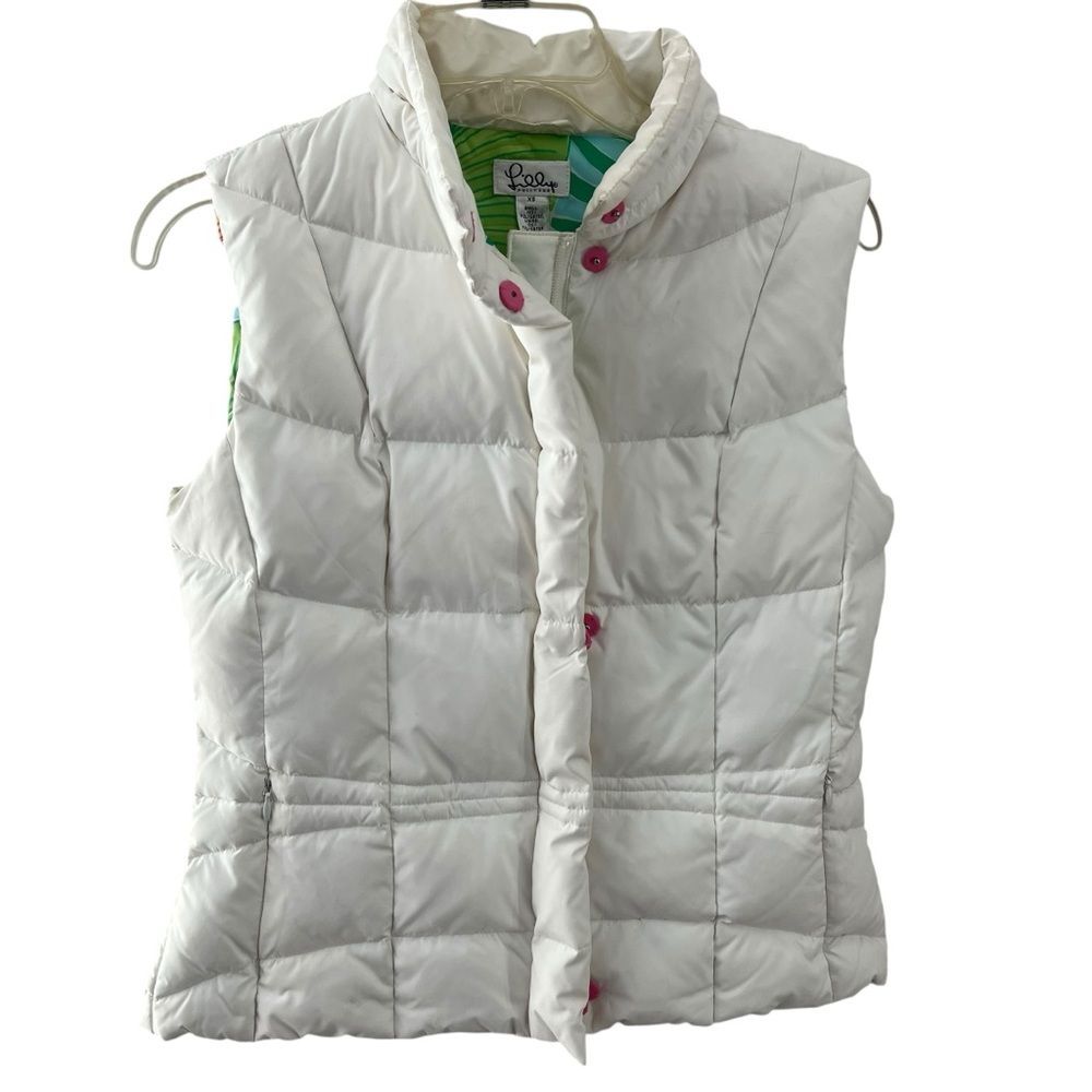 Lilly Pulitzer Cora Quilted Down Fill Puffer Vest White XS Floral Lining Preppy